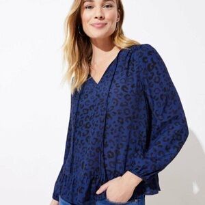 Ann Taylor Loft Blue Black Leopard Print Ruffle Top Blouse Size L